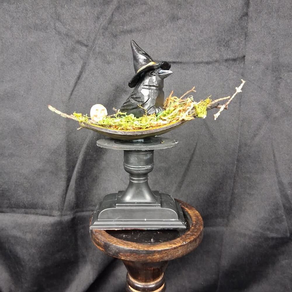 Hand-Carved Wooden Crow Witch Centerpiece Limited Edition Handmade Gothic Decor